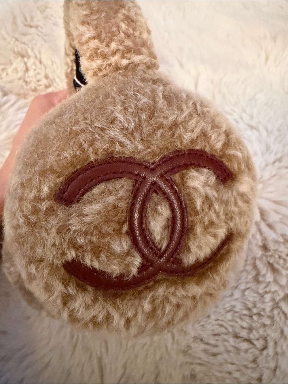 Chanel Beige Shearling Earmuffs with Burgundy CC